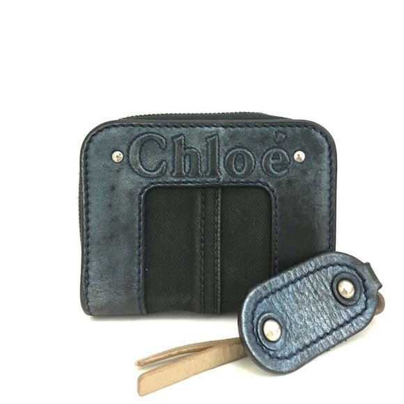 Chloe Wallet Logo Canvas Leather Bifold Metallic Blue - Picture 10 of 17